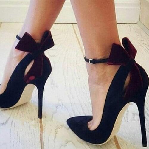 Hot Selling Black Suede Bowtie Pumps Women Shoes Pointed Toe Ankle Strap Cut-out High Stiletto Heels Wedding Shoes Bride
