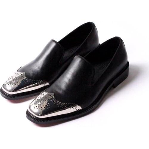 New metal loafers casual shoes for men black men shoes genuine leather slip on classics business party shoes