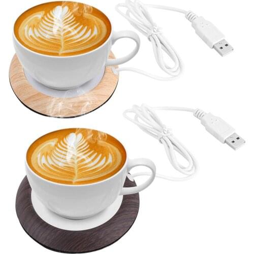 Heating Coaster Wood Grain Pattern Round Design USB Charging Electric Plate For Beverage Milk Coffee