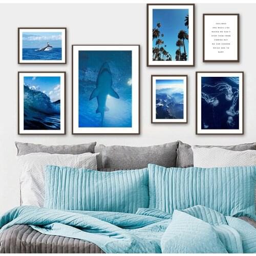 Shark Jellyfish Sea Waves Coconut Trees Wall Art Canvas Painting Nordic Posters And Prints Wall Pictures For Livig Room Decor