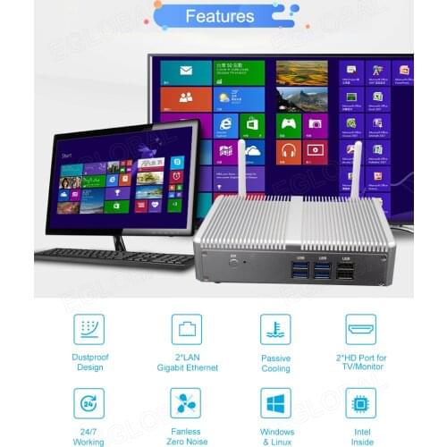 Eglobal Cheap Pfsense fanless mini pc intel celeron N3150 2*HDMI display 2*RJ45 lan quad core mini computer 2 * Kensington Lock