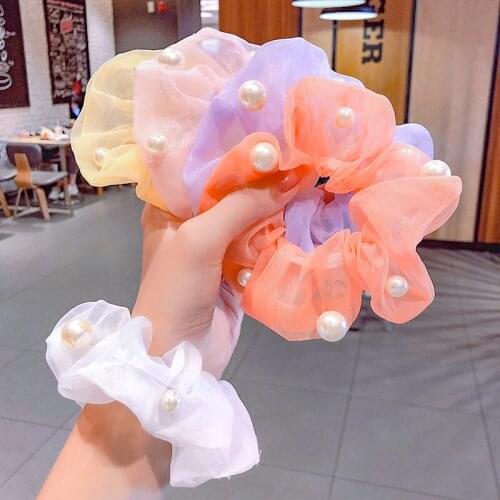 New Girls Cute Colorful Pearls Chiffon Scrunchie Rubber Bands Ponytail Holder Hair Accessories for Women Sweet Headband