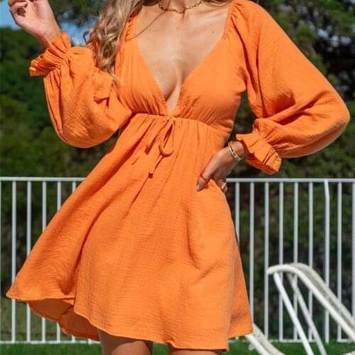 Autumn Sexy Lace Up Women Short Dresses V Neck Solid Cotton A-line Dress Full Regular Sleeves Female Mini Dress 2021