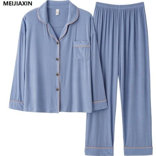 Autumn Modal Men Pajamas Set Striped Long Sleeve Turn-down Collar Casual Soft Plus Size Male Homewear Suits Sleepwear
