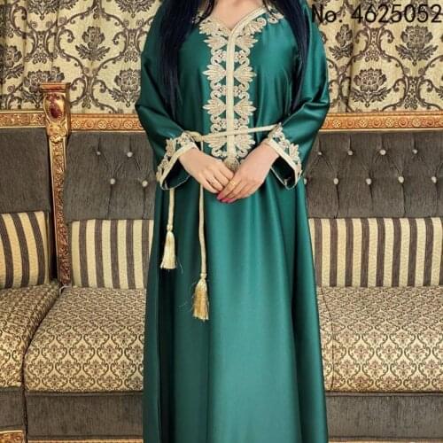 Satin Maxi Dress for Women Elegant Ethnic Embroidery Gilding Jalabiya Muslim Dubai Arabic Moroccan Kaftan Robe Green