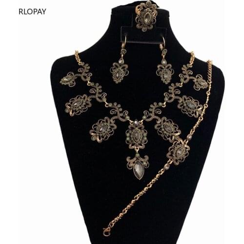 Luxury 4Pcs Gray Crystal Flower Bridal Wedding Jewelry Sets Antique Gold Color Turkey Earring Necklace Bracelet Ring Women