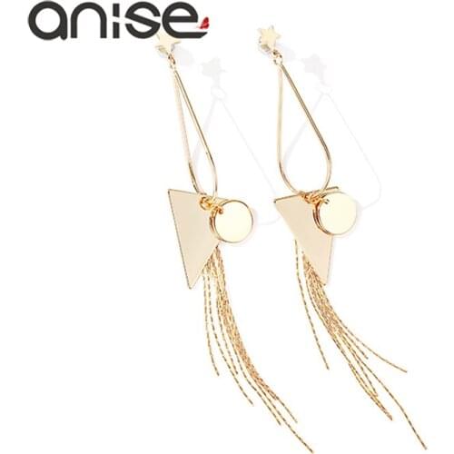 Anise Fashion Gold Color Star Tassel Stud Earrings Woman Geometric Triangle Metal Pendant Long Earrings Oorbellen Jewelry
