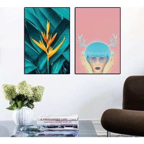 Modern Style Fashion Girl Canvas Painting Yellow Flower Green Leaves Posters And Prints Wall Pictures For Living Room Decor