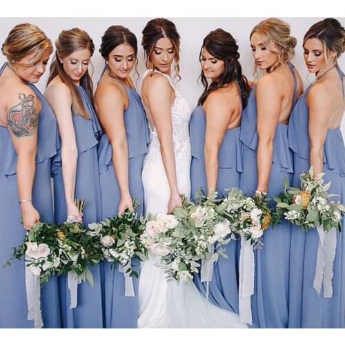 Vestido De Novia Long Blue Grey Chiffon Bridesmaid Dresses Halter Ruffles Full Length Casual Beach Dresses Wedding Guest Dresses