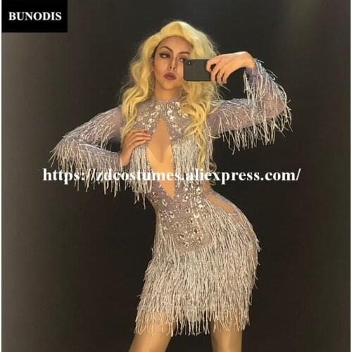 ZD371 Women Sexy Net Yarn Short Skirt Skin Color Silver Tassel Sparkling Crystals Nightclub Party Stage Wear Performance Bling