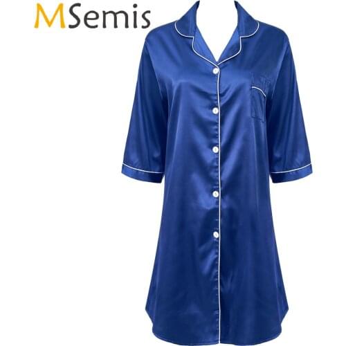 Womens Button Down Nightdress Spring Autumn Sleepshirts 3/4 Sleeve Notched Lapel Nightgown Homewear Satin Shirtdress Nightwear