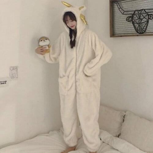 Womens pajama girls cute sleepwear fleece unicorn pajamas casual home clothes women zip-up one piece overalls hooded loungewear