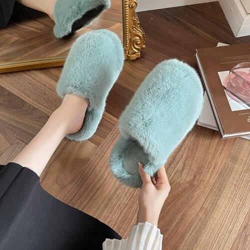 Womens Korean Fashion Baotou Plush Slippers Thick Soles Winter New Plush Warm Slippers Women Fur Flops Fluffy Plush Shoes