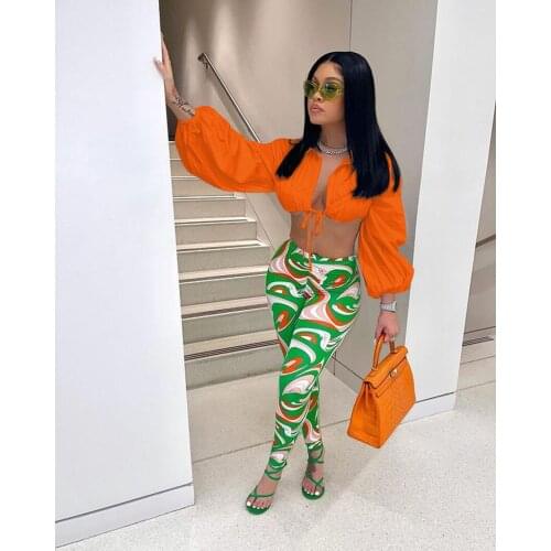 Fashion Streetwear Lantern Sleeve Color Block Tracksuit Women Sexy Lace Up Crop Top + High Waist Print Pants Two Piece Set