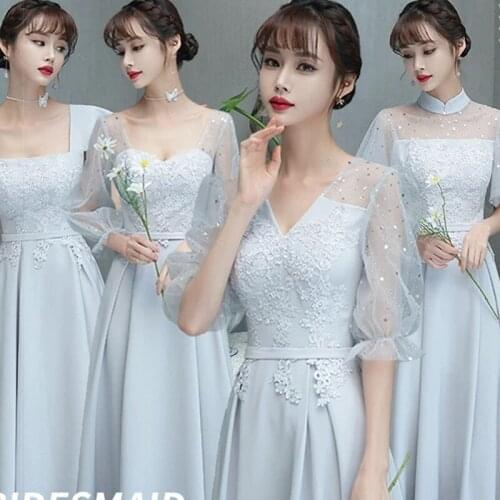 Bridesmaids Dresses Vintage Half V-Neck Jersey Floor-Length A-Line Embroidery Sequined Luxury Blue Women Wedding Party Gown E645