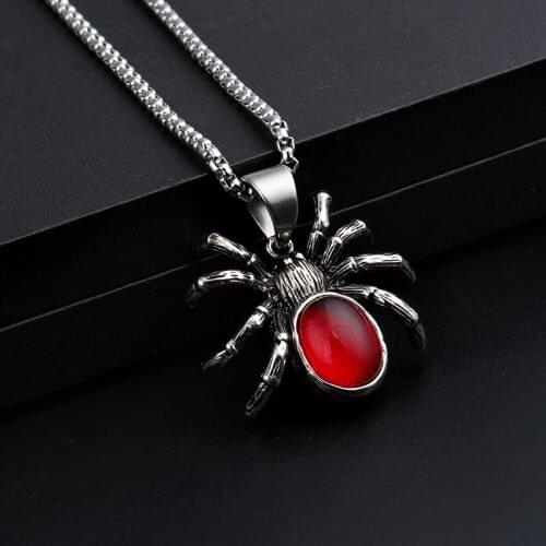 1pcs Mens Punk Vintage Retro Black Widow Spider Stainless Steel Pendant Necklace Gothic Red Stone Male Biker Goth Jewelry 24"