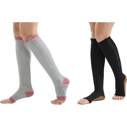 2pair Compression Stockings Nylon Zipper Compression Sock Leg Knee Support Open Toe Preventing (Gray Pink/Black)L/XL