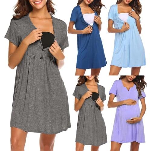 2021 Pregnant Women Nightgown Maternity Nursing Nightwear Pajama O-Neck Solid Buttons Short Sleeve Dresses Pregnancy Clothing