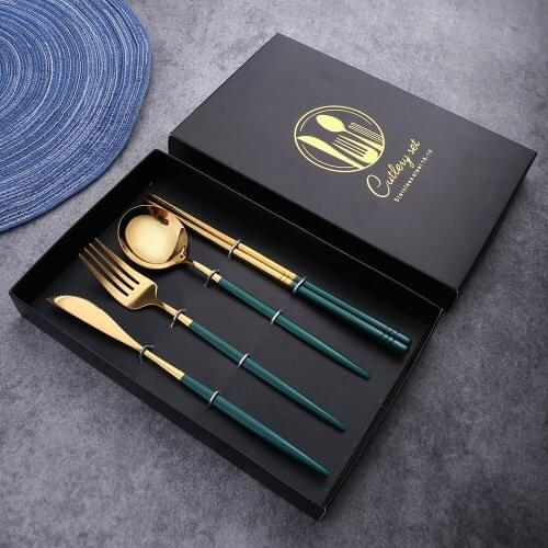 4pcs/set Stainless Steel Spoon Fork Chopstick Knife Set with Storage Gift Box Coffee Dessert Fork Spoon Kitchen Tableware Set