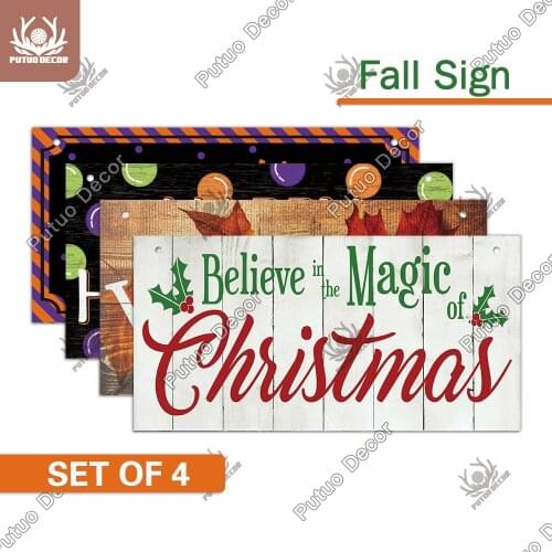 Putuo Decor 4PCS 2022 Christmas Wood Signs Fall Wooden Plaque Halloween Wood Plate Hanging Signs Wicked Home Wall Decor Ornement