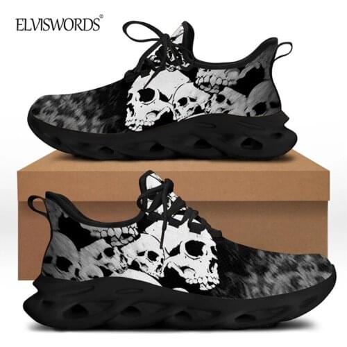 ELVISWORDS Black and White Skull Design Sport Running Sneaker 2021 Fashion New Mens Vulcanized Shoes Comfortable Non-slip Shoe