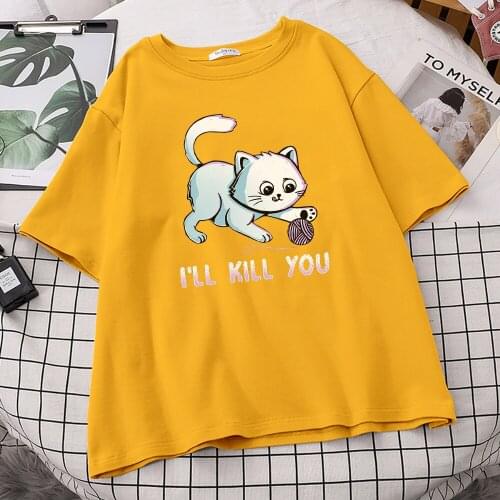 White Cat Play String Casual Style Print T-Shirts Women Funny Style Tee Shirts Retro Soft Clothes Casual Crewneck Tshirt Womens