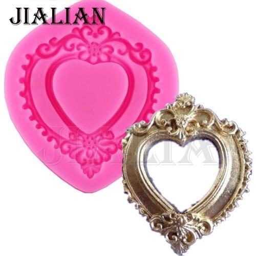 Hot Vintage Love Heart Shape Mirror Frame 3D Silicone Mold Fondant Chocolate Molds Cake Decorating Tools T0730