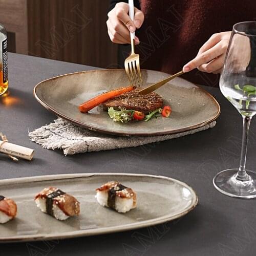 Glaze Change Ceramic Plates Retro Decorative Sushi Dishes Dining Table Main Course Desktop Fruit Salad Plate Kitchen Tableware
