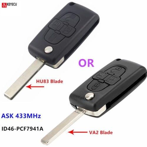Keyecu Flip Remote key 4 Button ASK 433MHz PCF7961A ID46 Chip for Peugeot 1007 for Citroen C8 with HU83 blade or VA2 Blade