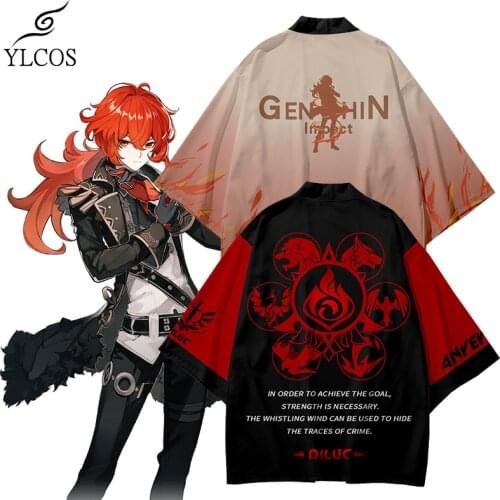 Game Genshin Impact Kimono Chiffon Coat Costume Diluc Cosplay Cloak For Unisex Fashion Suit