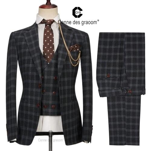 Cenne Des Graoom Fashion Mens Suits Plaid Casual Business High-End Social Formal Suit 3 Pcs Set Jacket Vest Pants Groom Wedding