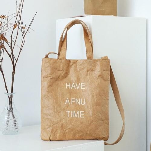 Simple Dupont Paper Handbag Vintage Washed Kraft Paper Tote Bag Casual Letter Shoulder Slung Handbag