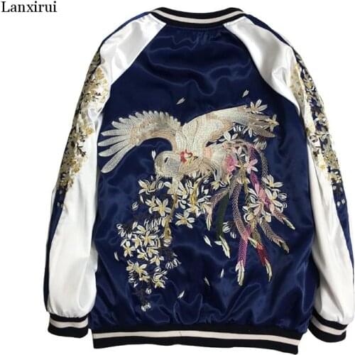 Vintage Phoenix Embroidery Basic Jacket Coat Women Autumn Street Satin Bomber Jacket Casual Loose Reversible Baseball Jackets