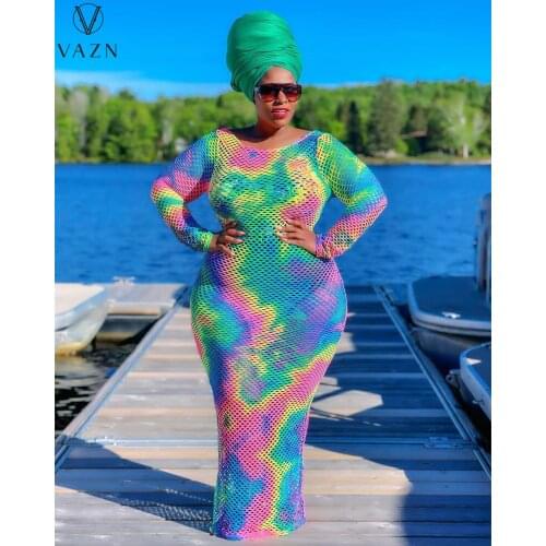 VAZN 2021 Plus Size Tie Dye Print Long Sleeve Bandage Bodycon O-neck Maxi Long Dresses Shinny Night Party Shinny Slim Dress