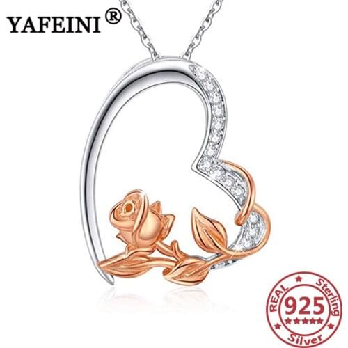 YAFEINI 925 Sterling Silver Rose Pendant Necklace Crystal Zircon Necklace 925Silver Chain Valentines Day Gift Mothers Day Gift