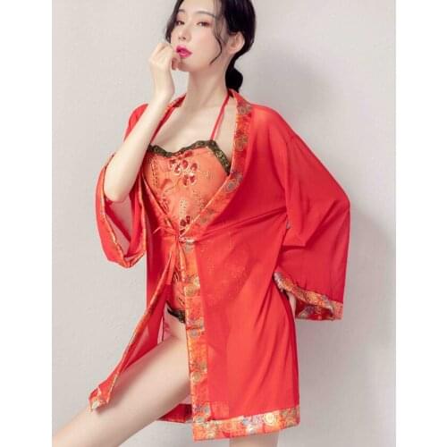 2020 New High Quality Short Style Loose Chinese Chiffon Satin Peacock Woman Yukata Dress Sleepwear Oriental Qipao Nightgown Robe