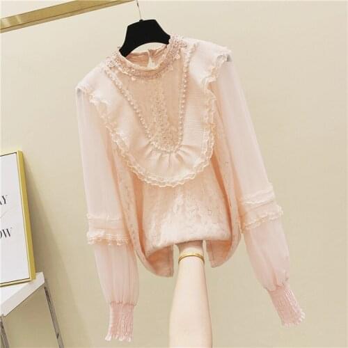 Long Sleeve Lace Blouse Woman Fashion Mesh Stitching Beaded Stand Collar Chiffon Shirt Ladies All-match Basic Tops Pink Apricot
