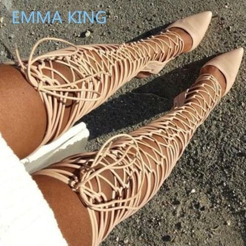 2019 Cross-Tied Women Summer Over The Knee Boots Pointed Toe Sexy High Heels Pumps Shoes Woman Cut-Out Thigh High Sandals Boots