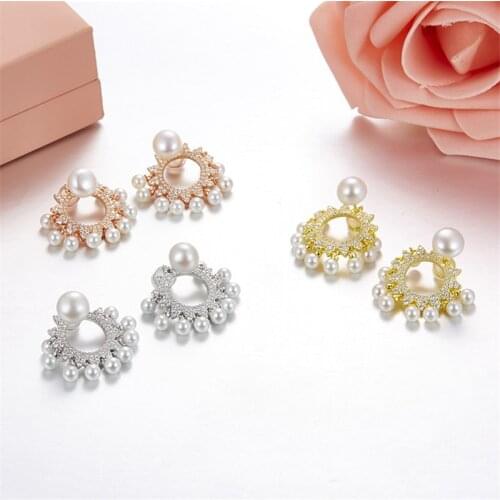 SLJELY Solid 925 Sterling Silver 3 Gold Colors Natural Pearl Sun Flower Earrings Pave Cubic Zirconia Women Fashion Party Jewelry