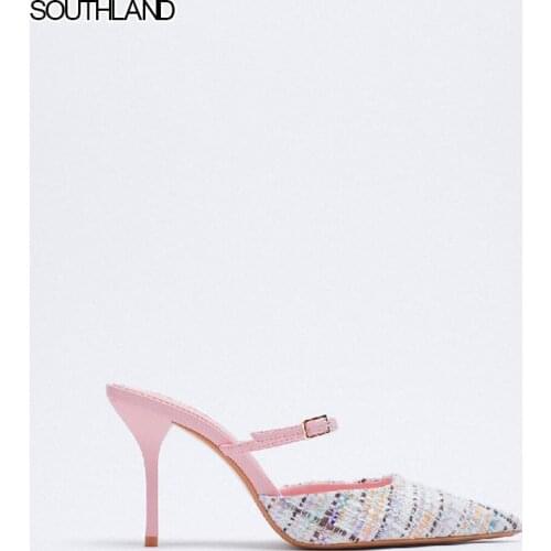 SOUTHLAND ZA 2021 New Arrival High Heel Single Shoes For Women Summer Autumn Pointed Toe Thin Heel Muller Shoes Tweed Sandals