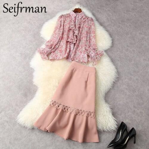 Seifrmann New 2021 Summer Women Fashion Designer Skirt Set Flare Sleeve Ruffles Loose Blouses + High Waist Midi Mermaid Dresses
