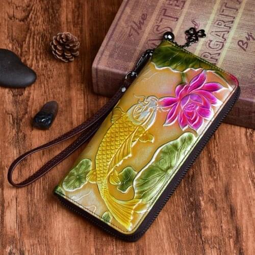 Woman Leather Wallet 2021 Spring New Retro Handmade Embossed Floral Genuine Leather Women Card Holder Phone Purse Clutch Wallets