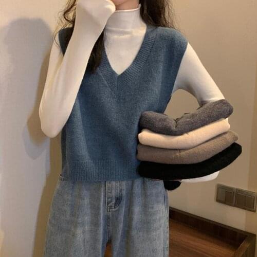2021 Knitted Vest Woman Simple All-match V-neck Knitted Sweater Leisure Student Sleeveless Female Vintage Sweater Waistcoat Y548