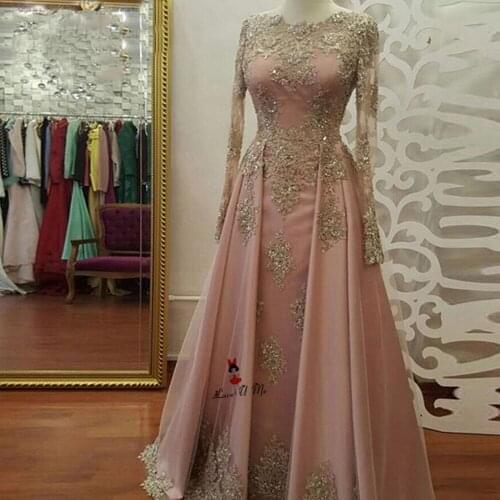 Abendkleider Long Sleeve Muslim Evening Dress Gold Lace Prom Dresses Bead Applique Floor Length Formal Party Gowns Vestido Noche