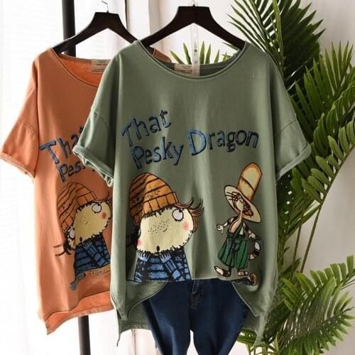 2021 Summer New Plus Size T-shirt Women Short-sleeved Loose Casual Cartoon Printing Front Short and Long Back Graphic Tees Tops