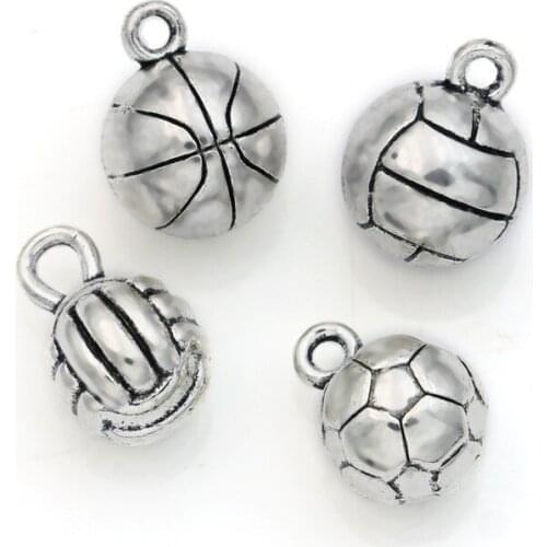 6pcs Tibetan Silver Plated 3D Football Basketball Volleyball Charms Pendants for Jewelry Making DIY Handmade Craft 13x10mm A123