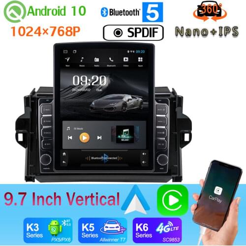 9.7" Vertical Tesla Android 10 DSP Car Media Radio GPS PX6 4+64G Head Unit For Toyota Fortuner 2015-2018 360 Camera Android auto