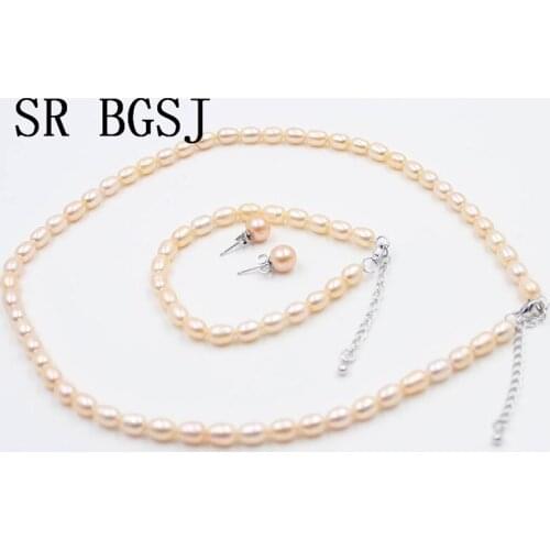 Free Shipping SR Women Jewelry Rice Shape Knot Necklace Braclet Earrings Natural Freshwater Pearl Set