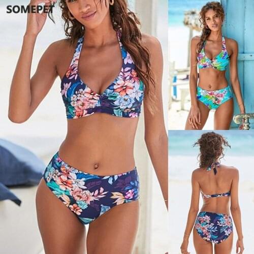 Bikini 2021 Women Push Up Splice Vintage Print Two Pieces Bikini Swimwear Swimsuit Beach Set women