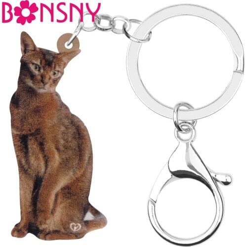 Bonsny Acrylic Brown Abyssinian Cat Keychains Animal Cute Kitten Keyring Jewelry For Women Girls Kids Gift Car Bag Decoration